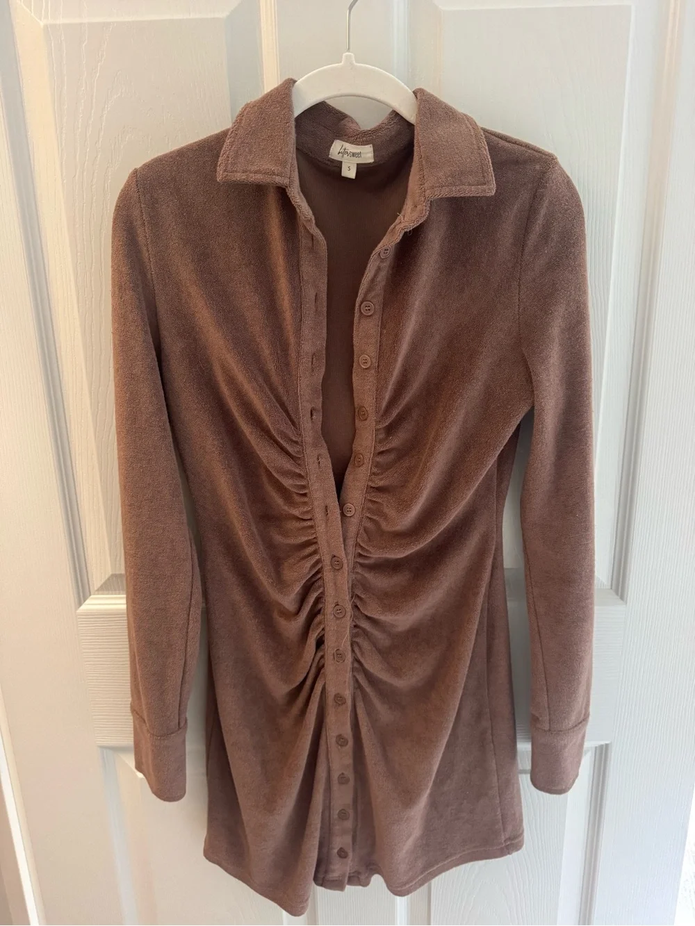 Bittersweet Boutique Ruched Button-Front Long Sleeve Mini Dress in Brown